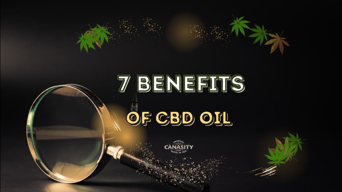 A bottle of CBD oil in a natural setting, surrounded by icons symbolizing its various uses (sleep, pain, anxiety).