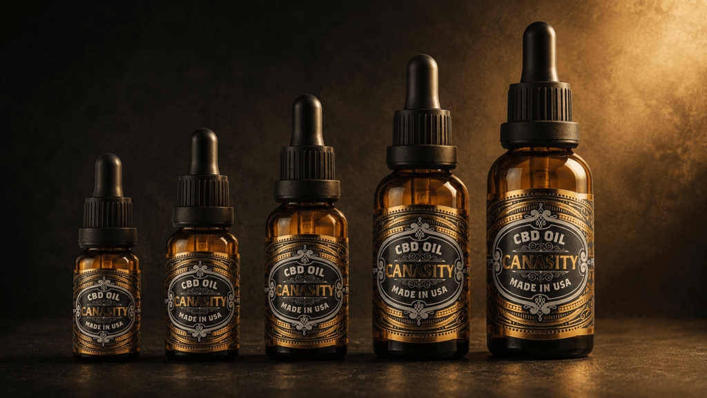 Five Canasity CBD oil bottles ascending in size under growing golden light — strengths from 10% to 40%