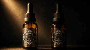 Canasity CBD oil bottle in warm gold light beside a second bottle falling into shadow — CBD vs THC