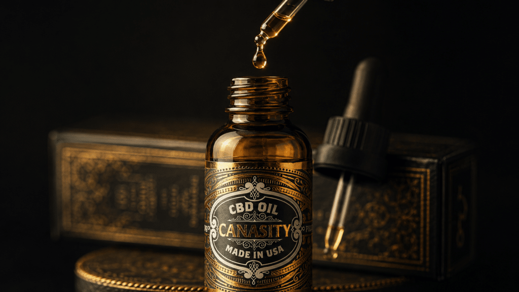 Macro of a glass pipette above a Canasity CBD oil bottle with a single golden drop suspended mid-air