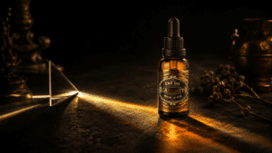 Canasity broad-spectrum CBD oil bottle in a beam of light split into a golden spectrum by a glass prism