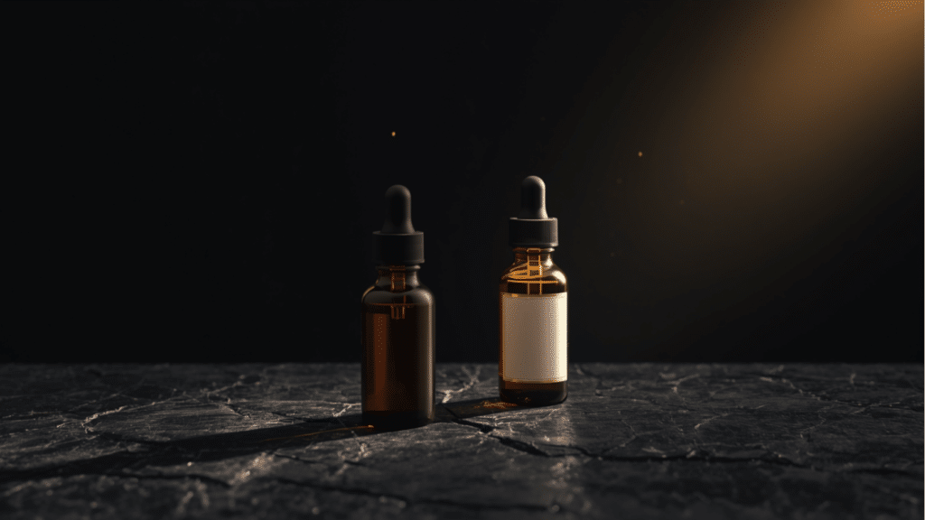 Two amber CBD oil dropper bottles on dark slate, one bare in shadow and one wearing a blank cream label in a warm gold beam