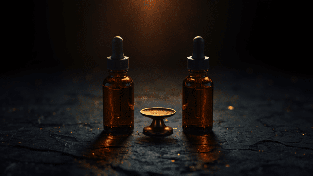 Two amber CBD oil dropper bottles side by side on dark stone in a single warm gold light