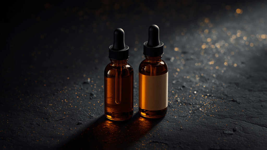Two amber CBD oil dropper bottles on dark stone, one bare and one wearing a blank label