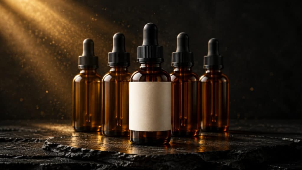 A row of five amber CBD oil dropper bottles on dark slate, the front one wearing a blank cream label, lit by a warm gold beam